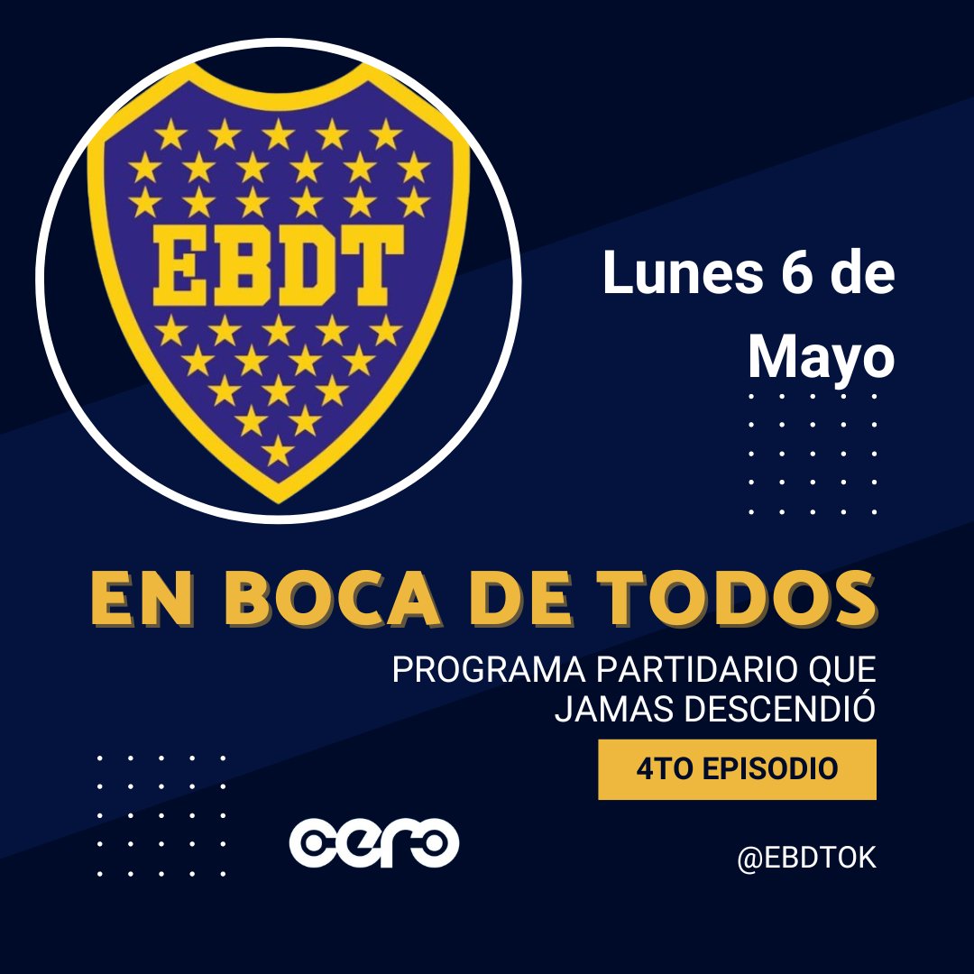 HOY HAY EN BOCA DE TODOS 

A PARTIR DE LAS 21 HORAS ARRANCA UN PROGRAMÓN 

MERCADO DE PASES, BOCA ESTUDIANTES, Y MUCHAS COSAS MAS YouTube.com/Ebdt1905.