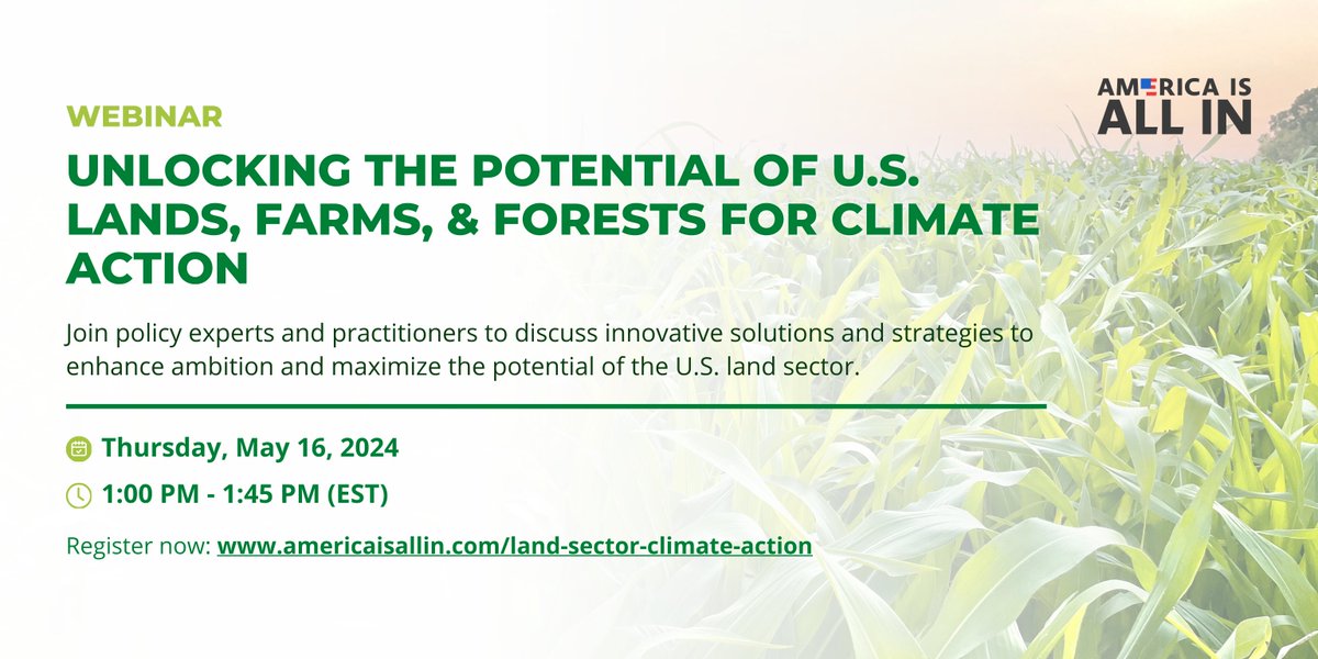 Protecting and safeguarding U.S. lands is key to achieving our climate goals. Join @AmericaIsAllIn’s webinar on 5/16 at 1:00 PM to learn from experts and policy practitioners about the critical role of U.S. lands in advancing climate goals. Register now: bit.ly/3WigJm2