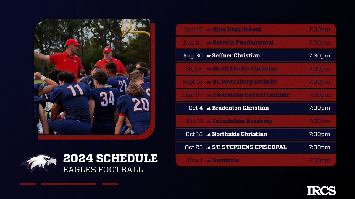 2024 EAGLES FOOTBALL SCHEDULE RELEASE! 🦅🔴🏈

Mark your calendars 🗓️ 

Make sure to come out to our Spring game May 25th 🆚 Seminole here at home! Kickoff will be at 7:00pm! 

@PrepsTime @Biggamebobby @CoachBuchananm @ryanjohnson573 @PrepRedzoneFL @PinellasHSMedia