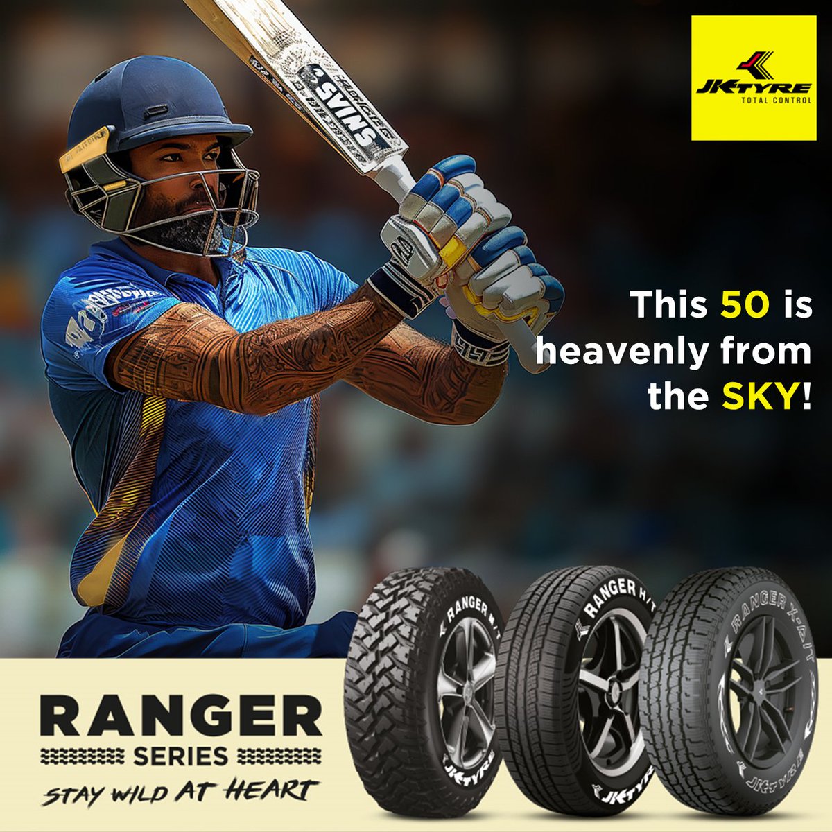 An innings so wild you can't take your eyes off it, just like a ride with our Ranger series tyre.

Check out the #RangerSeries from JK Tyre, built for adventures, and multiple terrains, for those who are ‘Wild at Heart’.

#JKTyre #IndianT20League #Hyderabad #Mumbai