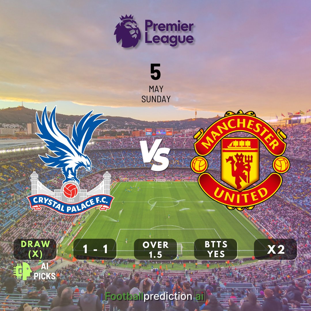 #CrystalPalace vs #ManchesterUnited in a must-watch #PremierLeague match! #TodayMatch #EPL #Matchday #FootballPredictions 

Discover more free AI football predictions⬇️footballprediction.ai/previews-news