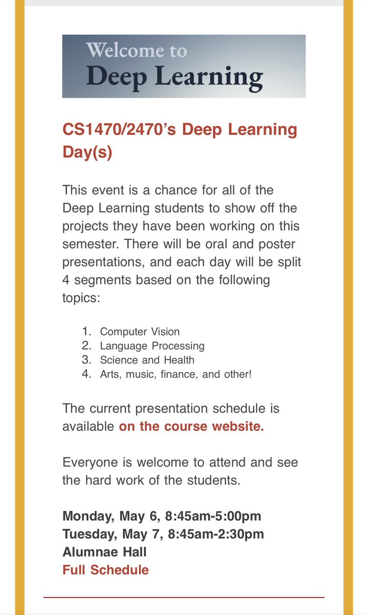 CS1470/2470’s Deep Learning Day is in full swing! Drop by Alumnae Hall today and tomorrow for presentations and posters on student deep learning projects. Full schedule: brown-deep-learning.github.io/dl-website-s24…