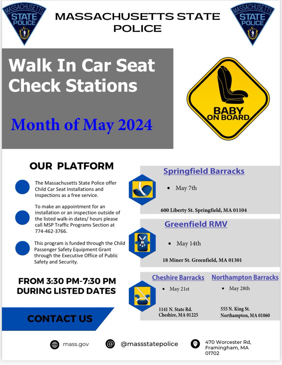 We will hold four child car seat events in the upcoming weeks in western Mass. to provide instruction in and check for proper installation of car seats. The first one will be tomorrow at our #Springfield Barracks. Here is the full list. #childsafety #childcarseat #preciouscargo