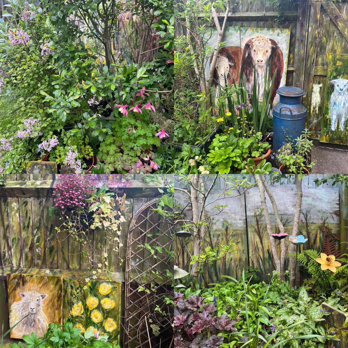 A selection of #paintings as backgrounds in my tiny garden. You can see I like animals as well as plants! #GardensHour #GardeningTwitter