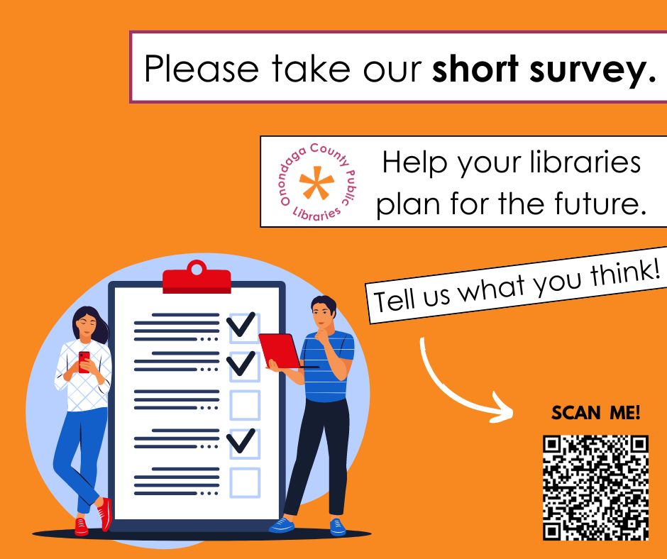 Tell Onondaga County Public Libraries what you think and take their survey! Scan the QR code below or go to surveymonkey.com/r/OCPLpublicsu… today. 📙🎉