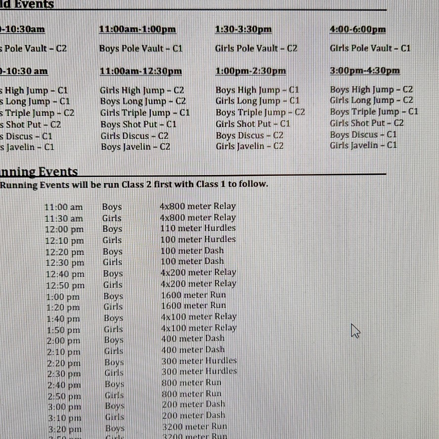 Saturday schedule for sectional track! it is a double, so class 1 and 2. Field events are listed as such. Also, there is no paying at the gate ONLY digital tickets.  #GoHornets