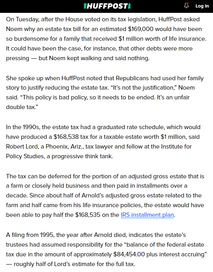 Before she was Governor, Kristi Noem served in the House, helping write the Trump tax law on Ways & Means. She often retold a story about her family 'going into debt' to pay estate taxes when her father died. @ArthurDelaneyHP found a big hole in that story huffpost.com/entry/the-real…