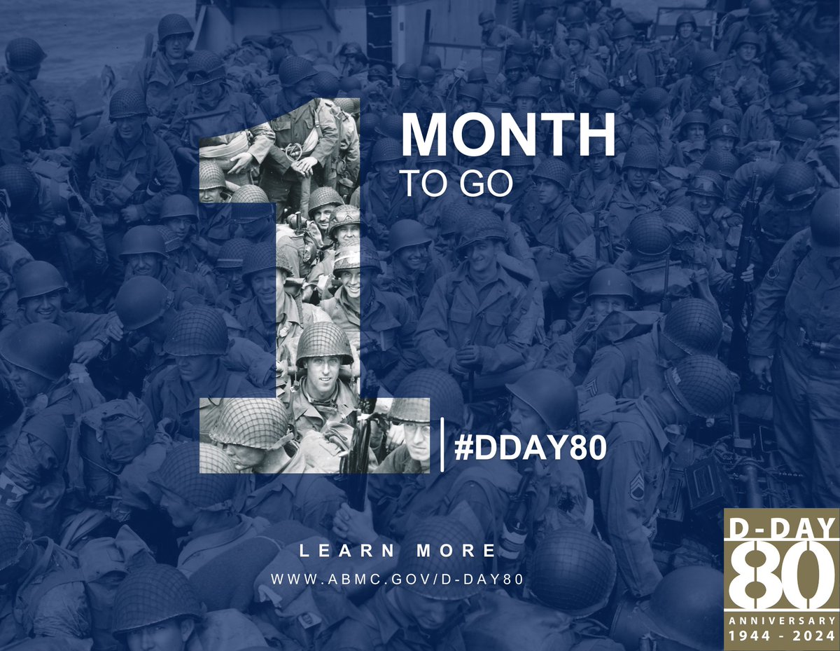We are just ONE MONTH away from the 80th Anniversary of #DDay. On June 6, join us as we honor the bravery & sacrifice of those who fought in the Allied invasion in Normandy, France. Save the link to the ABMC #DDay80 commemoration ceremony livestream here: abmc.gov/d-day80?utm_ca…