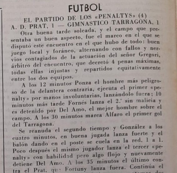 En el partido de ayer @FCLESCALA -@aeprat1945 (3-5) el árbitro pitó tres penaltis, dos para los locales y uno para los potablava. Rascando en la Hemeroteca he encontrado que en la temporada 61-62 pasó esto. Cuatro penaltis fallados por Prat y Nàstic😱😱😱