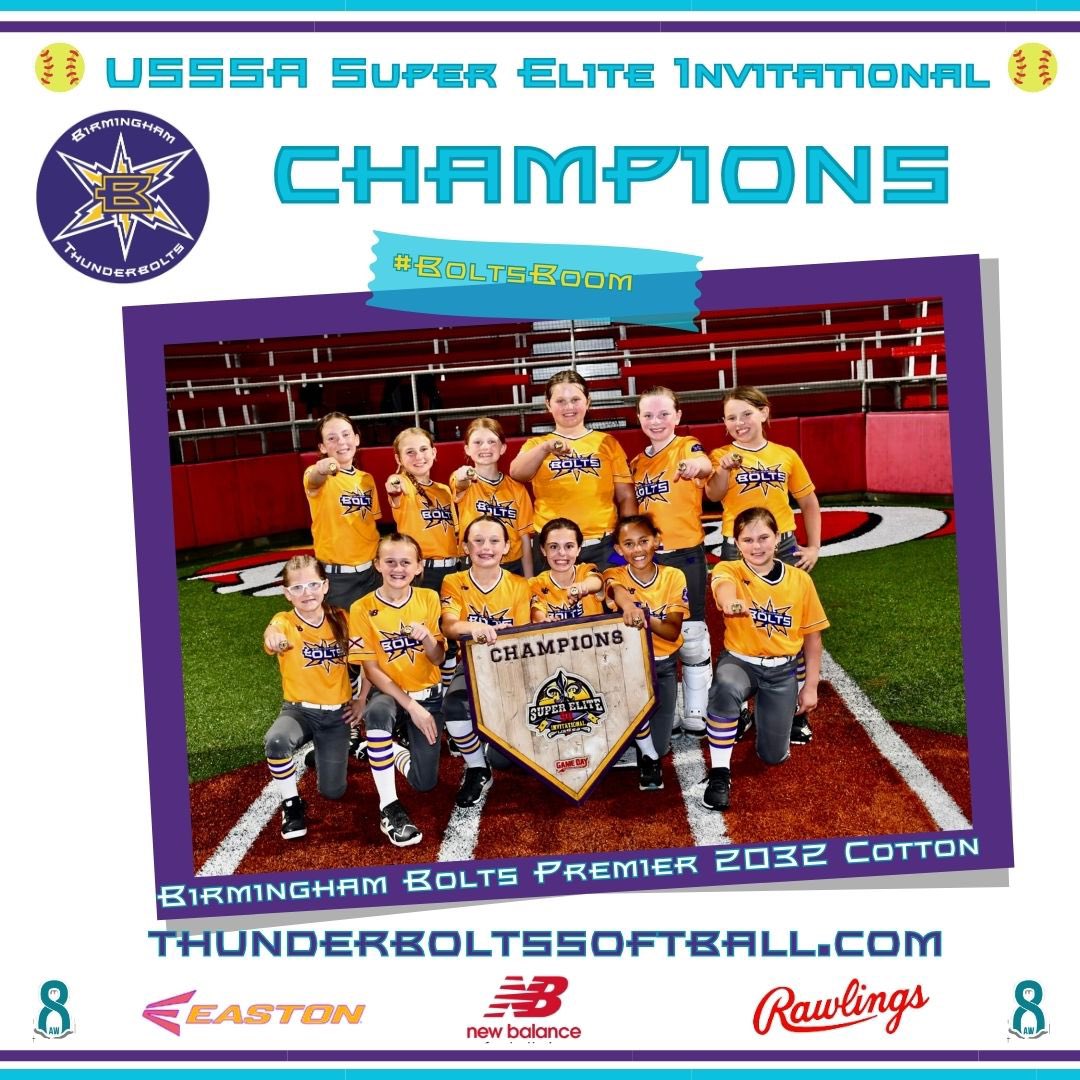 ⚡️ BIG congrats BHM Bolts Premier 2032 - Cotton on winning the 2024 USSSA Super Elite Invitational! 

🤩 A perfect 7-0 record on the weekend secured this crew the back-to-back title as the 2023 &amp; 2024 USSSA Super Elite Champions 🎉 

<a href="/ThunderboltsOrg/">Thunderbolts Org</a>  
#bhmboltsmade #boltsboom