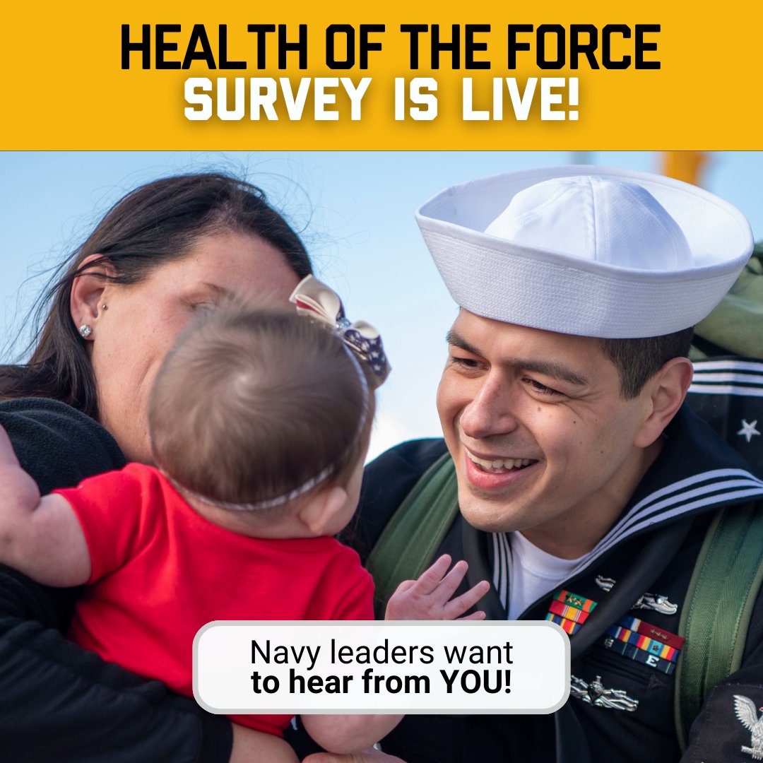 Your feedback matters! 🙌 The 2024 Health of the Force survey is open for all active-duty Sailors. 🔗 Take the survey today by visiting: bit.ly/3Wry383 @USNavy @USNavyCNO @NavyMCPON