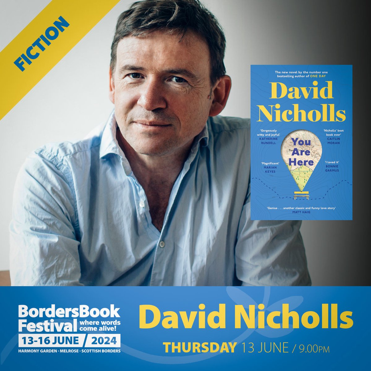 'You Are Here' is David Nicholls at his very best: witty, unexpected, thoughtful, perfectly attuned to the motions of the human heart. It is a novel of first encounters, second chances and finding the way home. TICKETS: tikt.link/davidni WEBSITE: bordersbookfestival.org