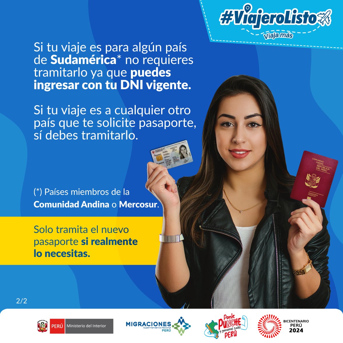 ✈️ ¡Sé un #ViajeroListo! Si viajas a algún país de Sudamérica, parte de la @ComunidadAndina o @Mercosur, #MigracionesPerú te recuerda que puedes ingresar con tu DNI vigente, no se requiere de pasaporte.