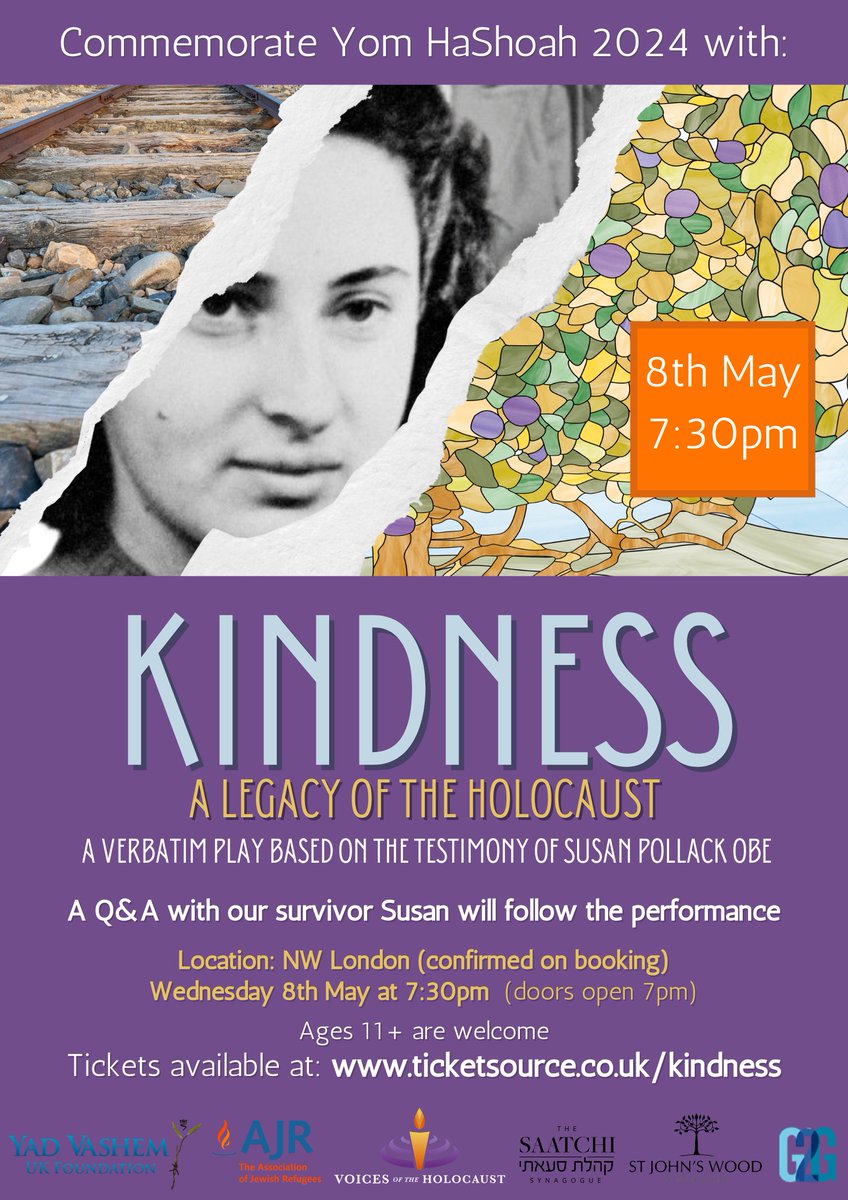 Mark Yom HaShoah with us on Wednesday (NW8) with this profoundly moving play about survivor Susan Pollack OBE who will be with us. TICKETS BY BOOKING ONLY: ticketsource.co.uk/kindness @TheAJR_ @AJRefugeeVoices @Gen2GenUK @yadvashemUK @HMD_UK @45AidSociety @HolocaustCentUK pls RT?