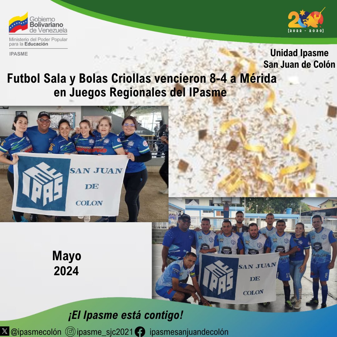 <a href="/Mippcivzla/">MIPPCI</a> #6May | 🇻🇪 📢 ¡ETIQUETA DEL DÍA! ▶️
#PatriaSeguraConNico
¡Pueblo Unido!
¡Nico es un beta! Equipo  deportivo  del Ipasme San Juan de Colón venció en juegos regionales 8-4 en fútbol sala y bolas criollas. @nicolasmaduro @ipasmeoficialgob @mippcivzla @mppeducacion