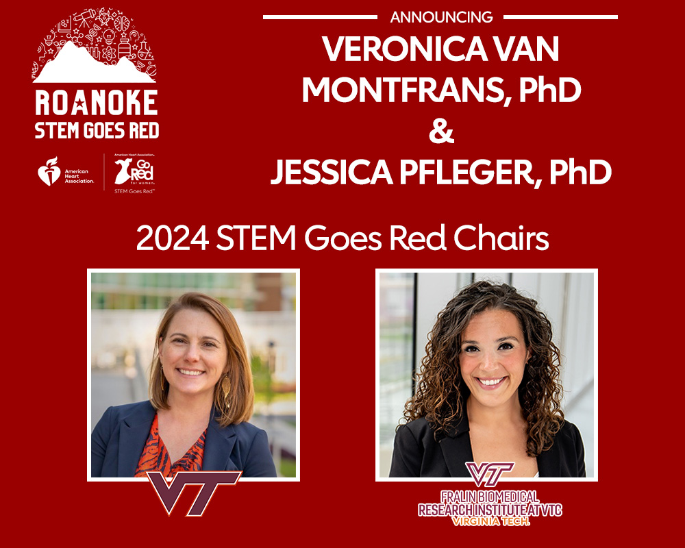 We're excited to announce our 2024 Roanoke STEM Goes Red Chairs - Veronica van Montfrans, PhD with @virginia_tech and Jessica Pfleger, PhD with @FralinBiomed! Thank you for helping bring STEM to so many young women in the region! #GoRedNoke #STEMGoesRed