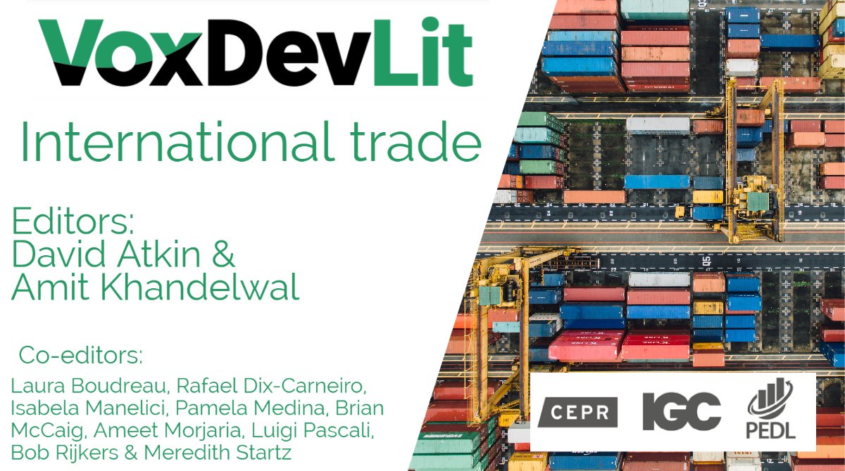What are the key policy takeaways from economic research on international trade and development? Read and download @davidgatkin (@MITEcon) and @akhandelwal8 (@YaleEGC @YaleEconomics) #VoxDevLit here: voxdev.org/voxdevlit/inte…