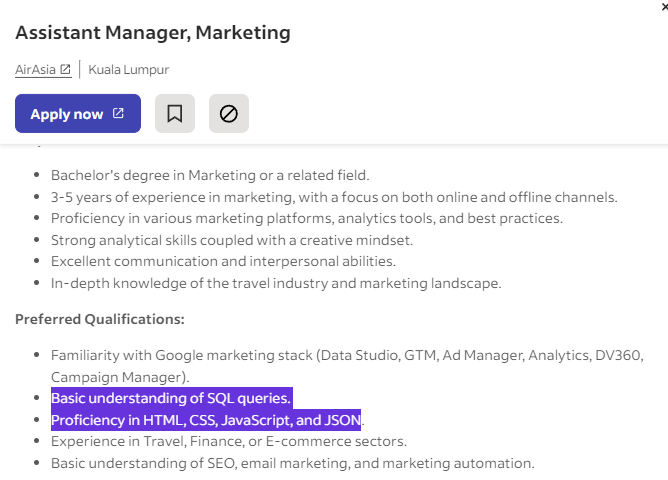 AirAsia punya requirement untuk position dalam marketing dept. 

 Marketer need to learn javascript now yow!