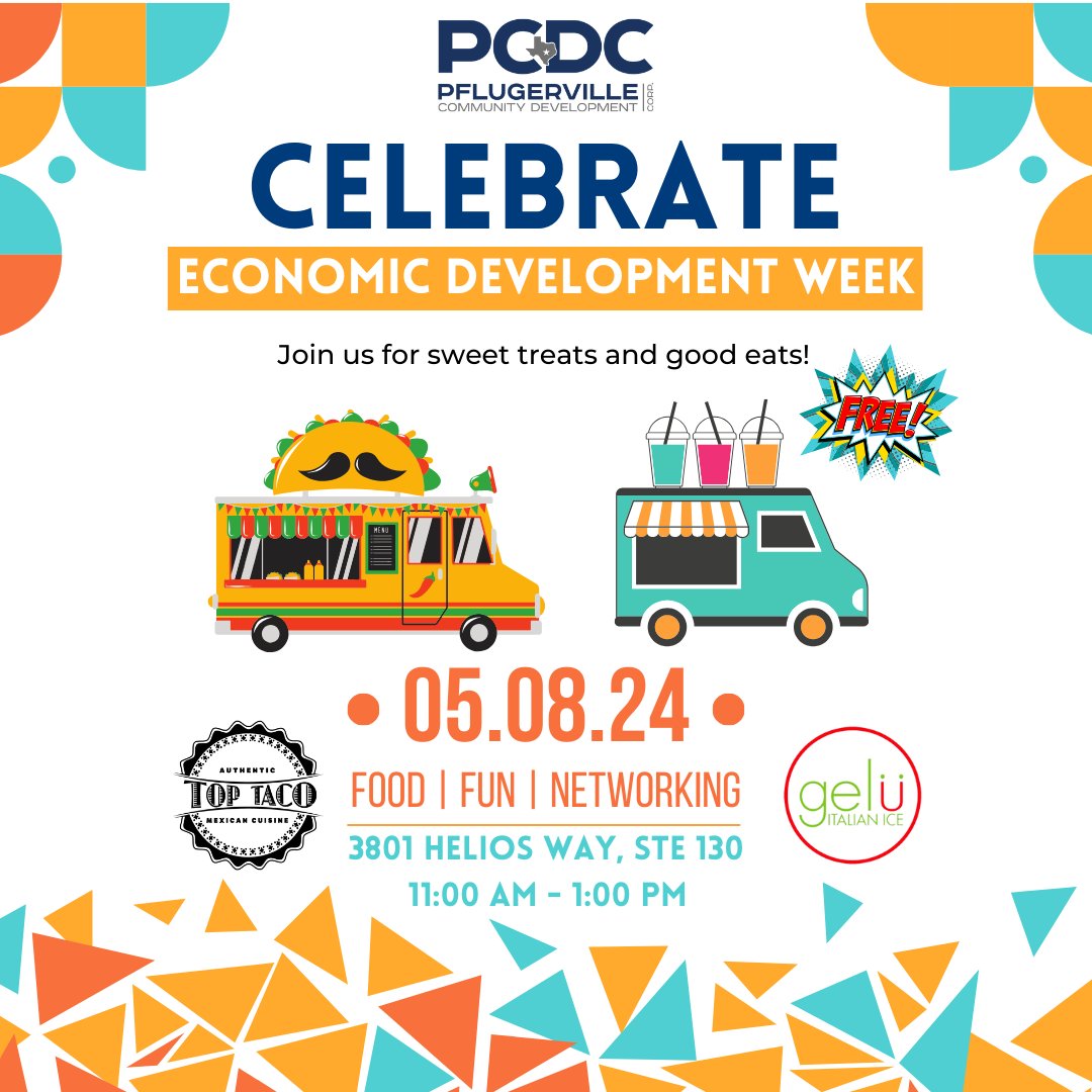 PCDC_TX's tweet image. Join us May 8 for our Eco Dev Week Drop-In! 🌮 Enjoy FREE tacos &amp;amp; Italian ice, network, and learn about PCDC and economic development. Everyone&apos;s welcome!

📝 RSVP hubs.ly/Q02vNV9r0

#EcoDevWeek #PflugervilleProud #Networking #FreeFood