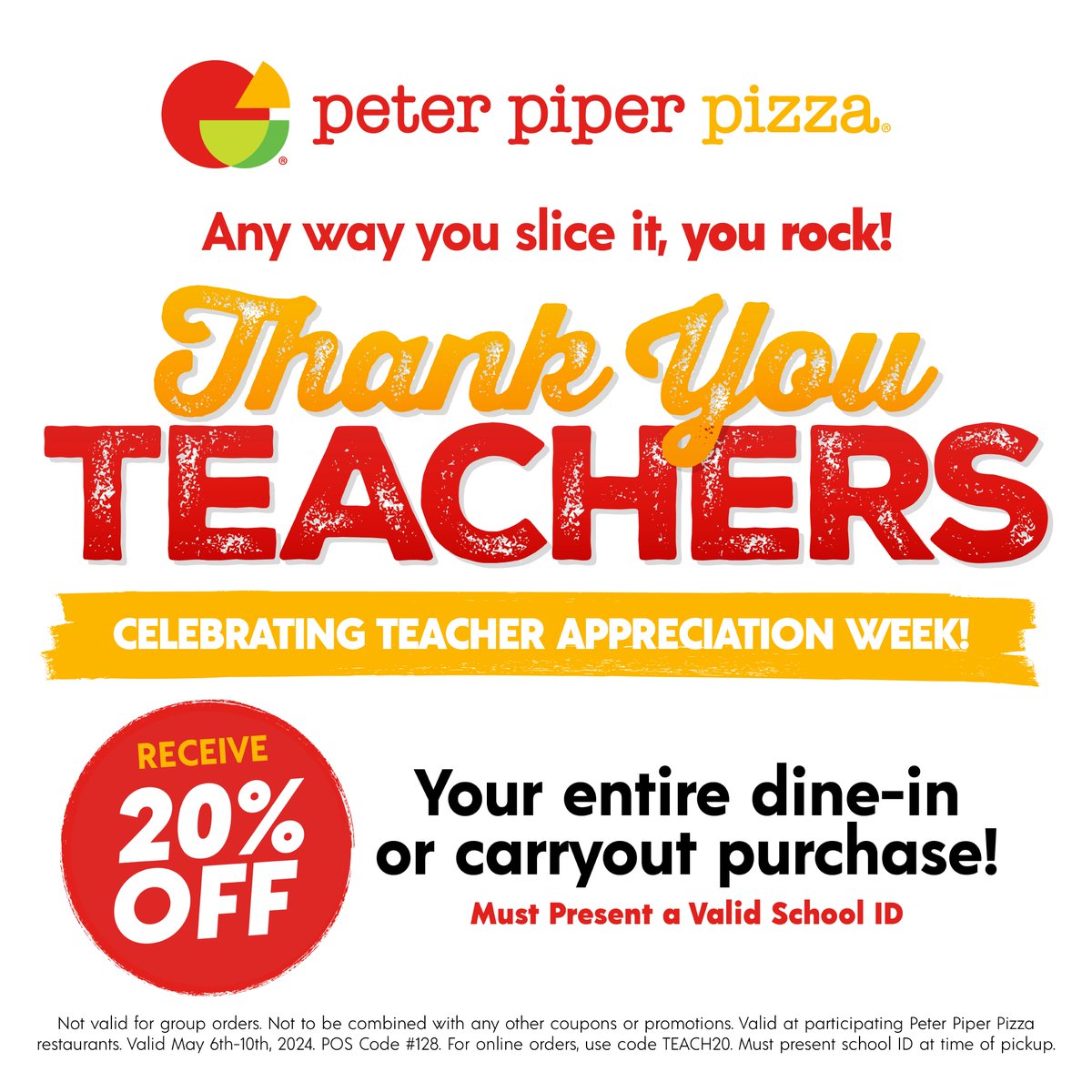 Any way you slice it, you rock! ❤️ Thank you, Teachers, for all you do every day! 🫶 This week (May 6-10) teachers can enjoy 20% off their entire order at any Peter Piper Pizza in El Paso & Las Cruces! 🍕 #TeacherAppreciationWeek #ThankYou #PeterPiperPizza_EPLC