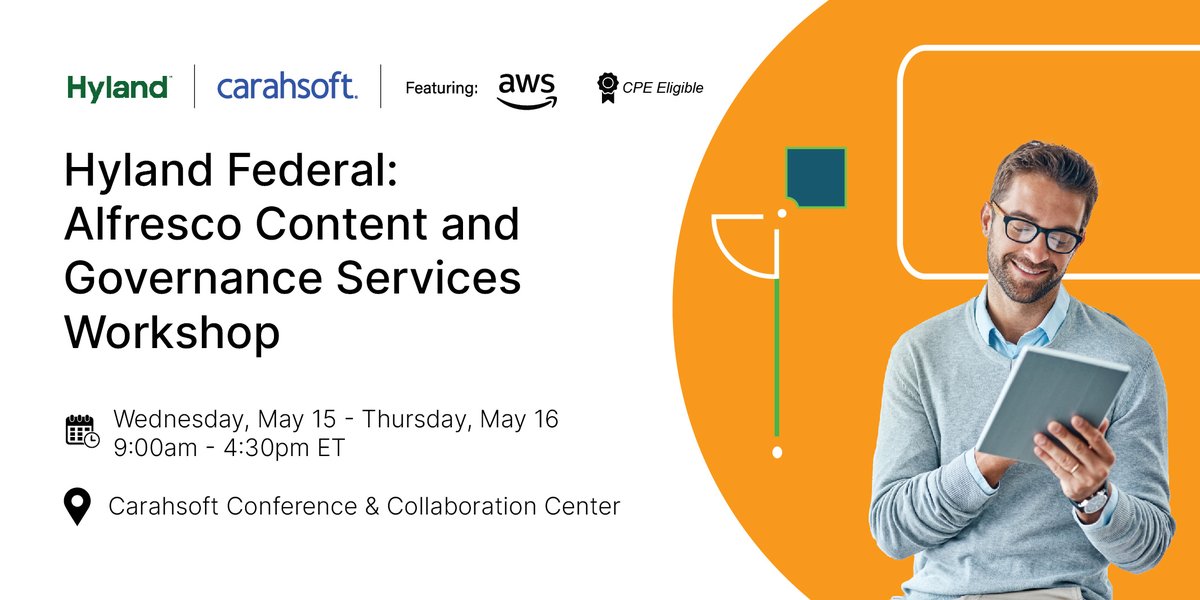 Reserve your spot for @Hyland’s workshop starting on 5/15 in Reston, VA. Attendees will receive hands-on training for Alfresco’s Content and Governance services. Click here to register: carah.io/fa7c49