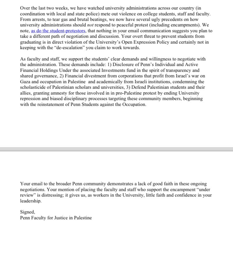 FJP response to Penn’s announcement from this morning on the Gaza Solidarity Encampment Please share widely!! And come out tonight for the rally and teach in with the one and only @marclamonthill