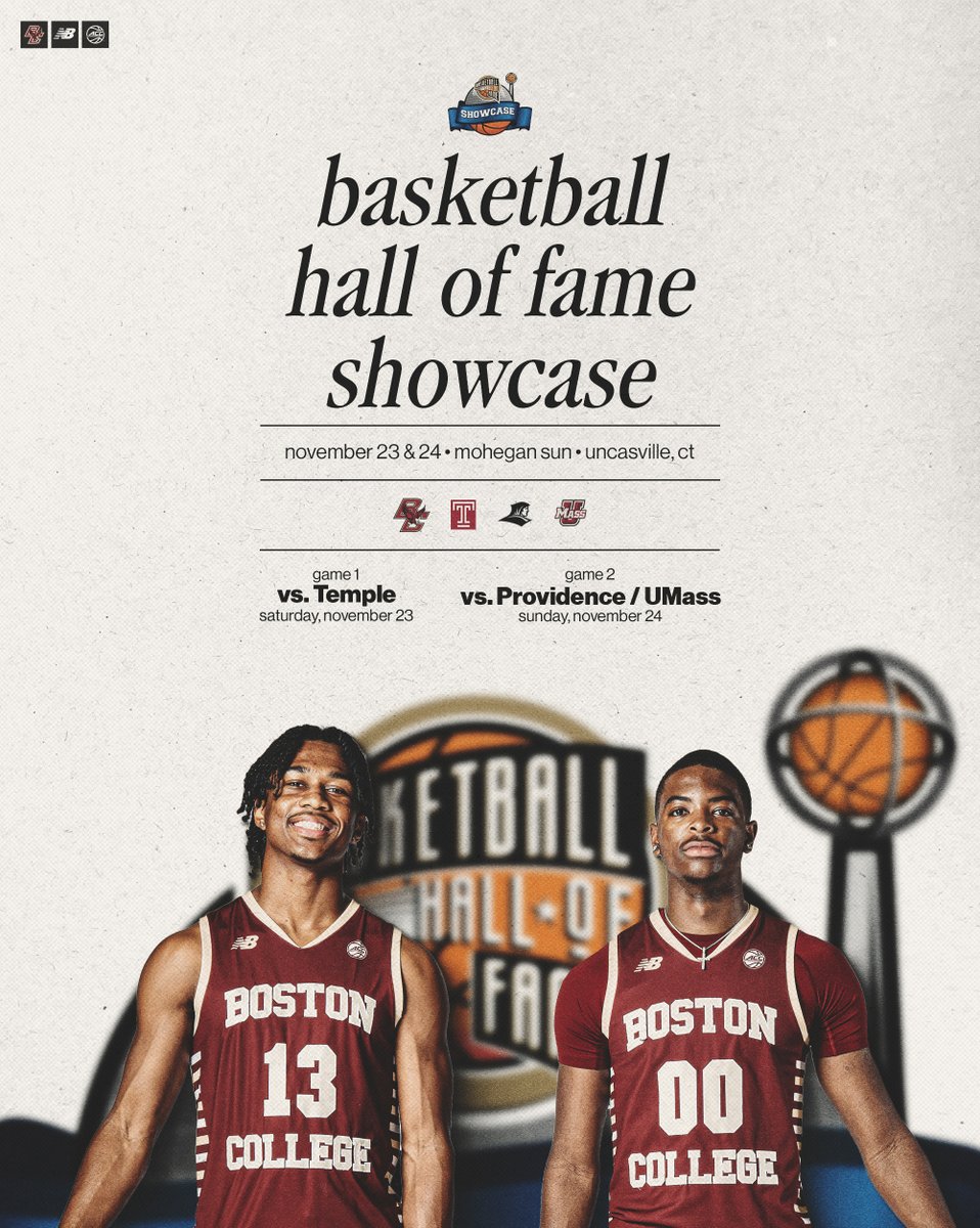 Headed to Mohegan 🦅 Boston College is set to play in 2024 Basketball Hall of Fame Showcase at Mohegan Sun. BC will face Temple in game one and either Providence or UMass in game two More Info: bit.ly/4bb00FN
