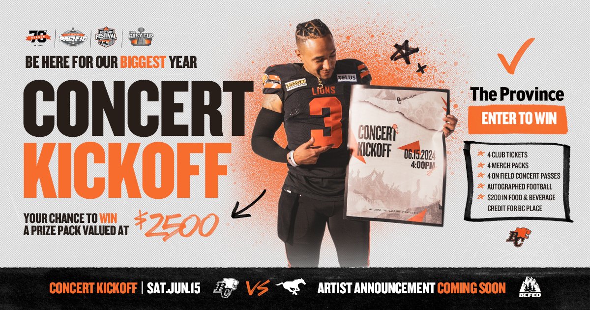 ProvinceContest's tweet photo. Enter for your chance to WIN a $2,500 BC Lions Concert Kickoff  prize pack. Enter at: https://t.co/EhWBUlF6mQ https://t.co/72YvFfPpOs