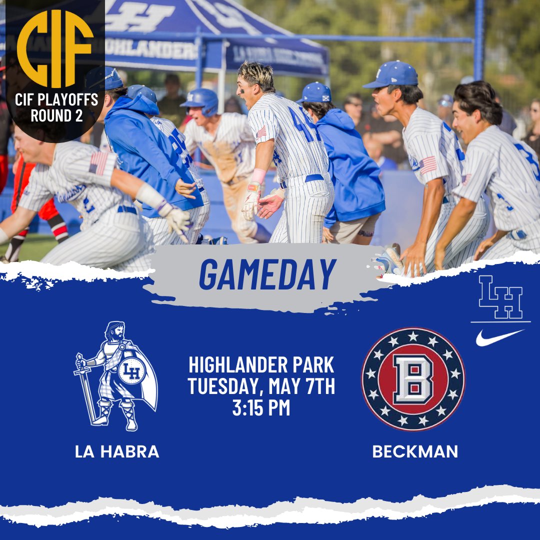 CIF Division 3 Playoffs Round 2 on deck at Highlander Park tomorrow 3:15 pm! Let's make it another great event and pack the house as we take on a solid Beckman team on our turf! Arrive early as it should be a large crowd with limited seating. See you there!! #webleedblue