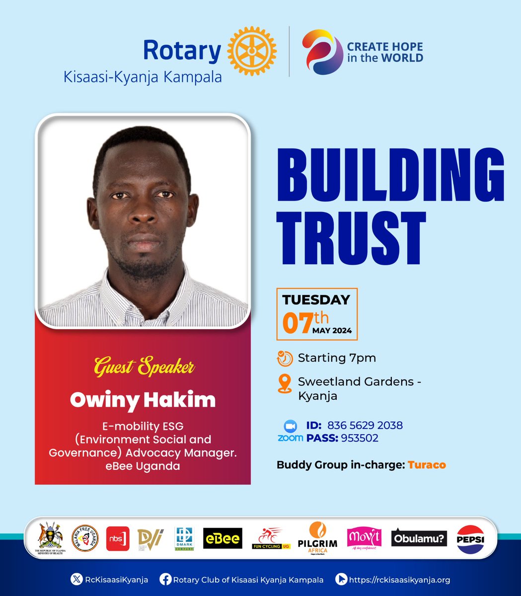 Join us Tomorrow May 7th , Fellowship with @RcKisaasiKyanja , Where we'll be exploring a vital aspect of Building Trust in our Communities structures. #BuildingTrust #HumanityFirst @Rotary @exchangealumni @WashFellowship @usmissionuganda @GovUganda @GenWamala @eBee_Africa