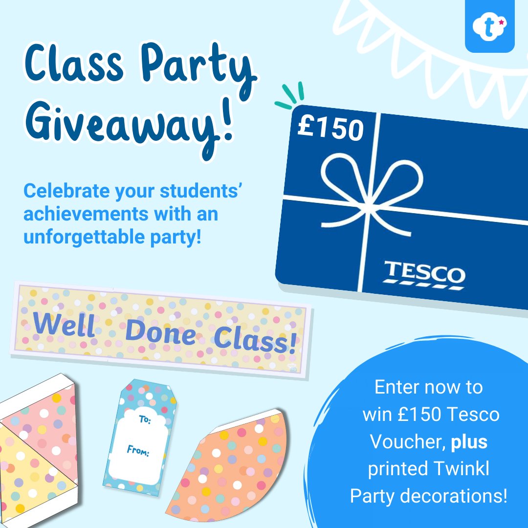 🎉 Class Party Giveaway! 🎉 Celebrate your children's hard work with an unforgettable class party! 🎉 For a chance to #win a £150 Tesco voucher and printed party decorations: 🎉 Follow @twinklresources 🎉 Like/share this post 🎉 Tag a friend with 'PARTY WITH TWINKL' T&Cs apply