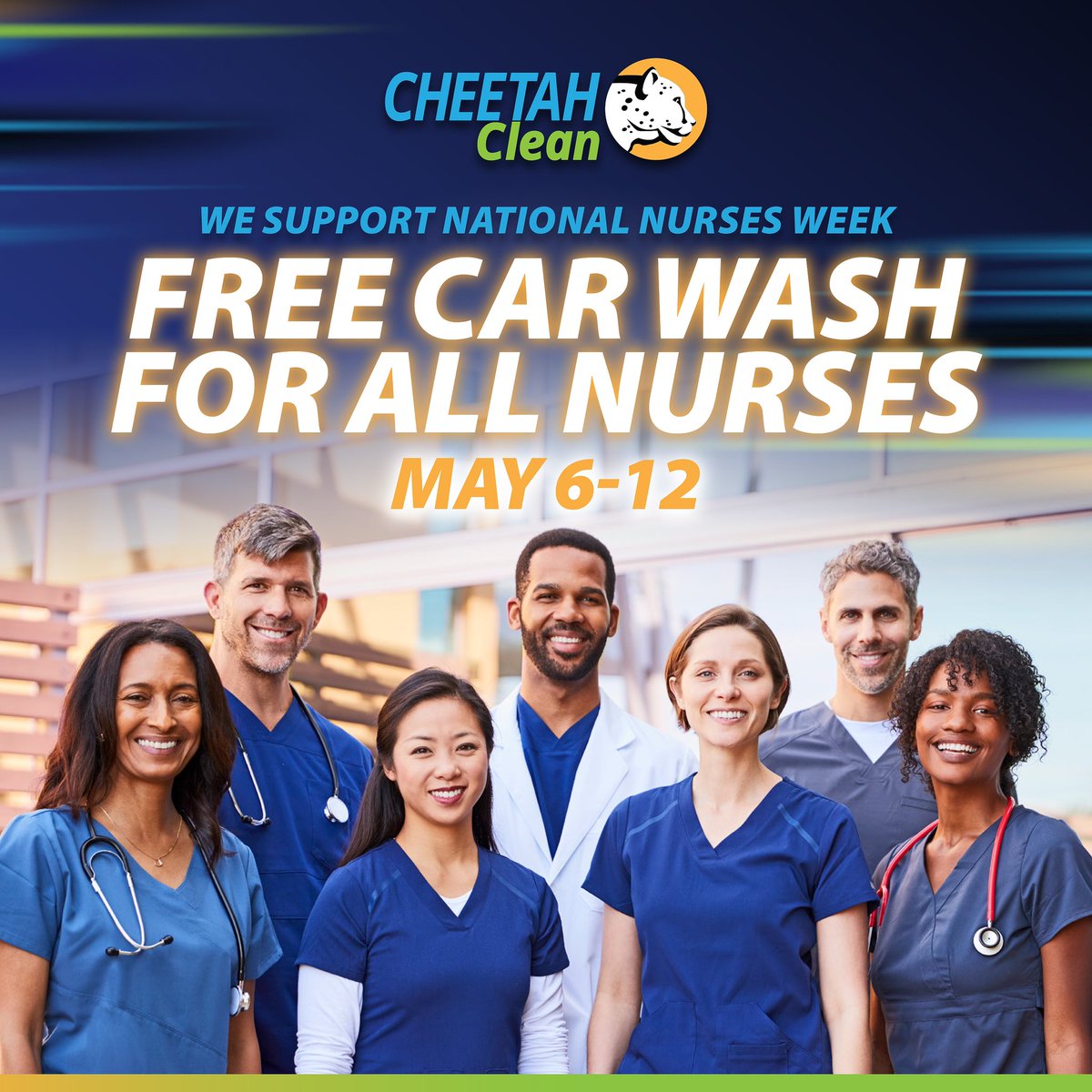 Celebrate Nurses Appreciation Week with a Free King Extreme Wash on us! 🐆🤍

Cheetah Clean extends a heartfelt thank you to all nurses with FREE Washes from May 6-12. Show your medical ID at any location and let us show our gratitude in full shine!