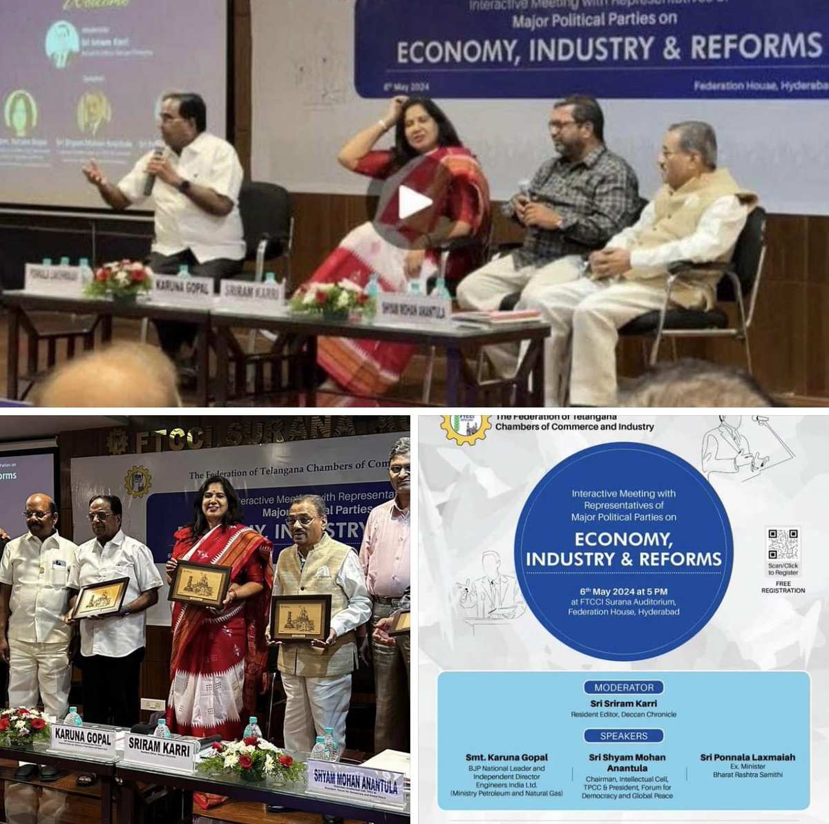 *Office@Ponnala* Debate On #Economy, #INDUSTRY & #Reforms organised by #TELANGANA #chamberofcommerce & #INDUSTRY . Ponnala Lakshmaiah ( #BRS ) Dr Shyam Mohan ( #Congress ) ,  Ms #KarunaGopal #Bjp under moderation of Sri #SriRamKarri , Resident Editor #DeccanChronicle #Hyderaba