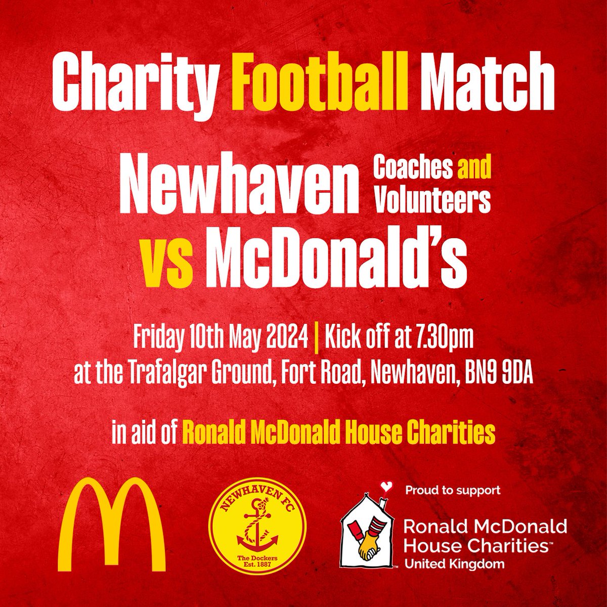 🔴🟡 𝗖𝗵𝗮𝗿𝗶𝘁𝘆 𝗙𝗼𝗼𝘁𝗯𝗮𝗹𝗹 𝗠𝗮𝘁𝗰𝗵! This Friday 10th May, our coaches and volunteers will pull on the kit to go head-to-head with @McDonaldsUK in aid of @RMHC. The game is being played at the Trafalgar Ground and will kick off at 7.30pm. Entry will be via donation.