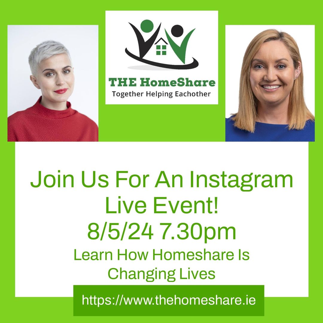 Join us on Insta Live w/ @MariaWalshEU & @vickicasserly at 7.30pm Wed 8th May. Find out how #Homeshare is enabling older people remain living at home & younger ppl are living in affordable & meaningful accommodation #thinkhomeshare #HousingForAll #loneliness #Elections2024