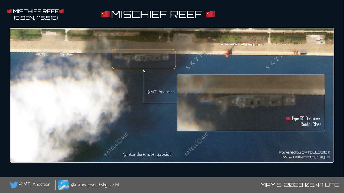 🇨🇳MISCHIEF REEF🇨🇳 0.99m📷 from 5 May 2024. Not busy at all but you also don't often see a Type 55 Destroyer alongside (Renhai Class) Powered by @Satellogic© 2024. Delivered by @SkyfiApp®