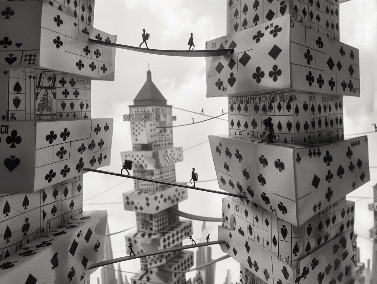 Depict an urban environment transformed into a fantastical landscape with skyscrapers made of large playing cards in black and white, and figures traversing delicate bridges between these towering stacks --style raw --ar 4:3 #midjourney6 #AIart #PlayingCardCityscapeAI