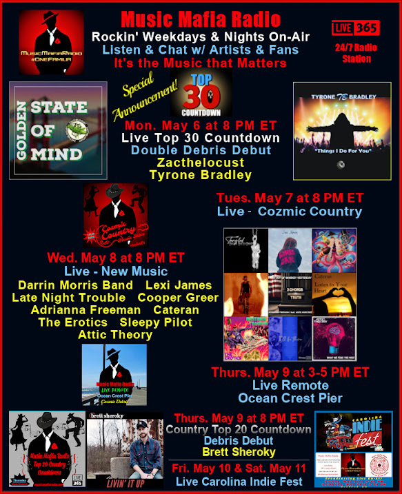 💥This week! Mon 8pm EST – Top30 Double #DebrisDebut @LocustZac & Tyrone Bradley T 8 -Cozmic Country W 8 – New Music Th -3pm Live Remote OCP Th 8 - Country Top 20 #Debut @brettsheroky Fri 5pm & Sat 3pm Carolina Indie Fest > musicmafiaradio.net