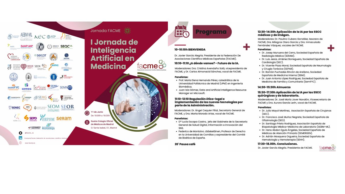 Enhorabuena a @facme_es por organizar la 1ª Jornada de Inteligencia Artificial en Medicina Es una lástima que no hayan tenido en cuenta lo que podría aportar @AEEHLiver, la 1ª sociedad científica del mundo que puso a disposición de sus miembros una IA generativa: #LiverAI ... en…