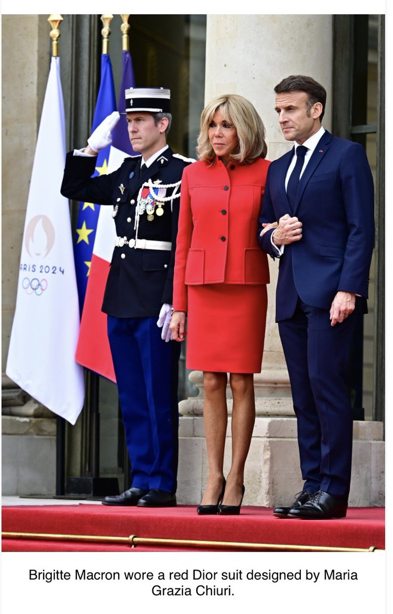 Forget the Met Gala. First Lady Brigitte Macron wore a 🇨🇳 red 🇨🇳 Dior ensemble by Maria Grazia Chiuri this afternoon at a ceremony to welcome President Xi Jinping and his wife during their State visit. Not Louis Vuitton this time. Still, LVMH label. #geopoliticsandfashion 🇫🇷