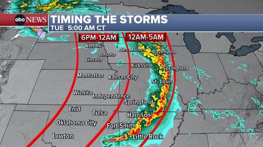 Timing is important for these severe storms as they’ll go well into the overnight from west to east! Nebraska, Kansas &amp; Oklahoma 6 pm-12 am; Iowa, Missouri, Oklahoma &amp; Arkansas 12 am-5 am — look at the Helpful maps from <a href="/WXmel6/">Mel Griffin</a>