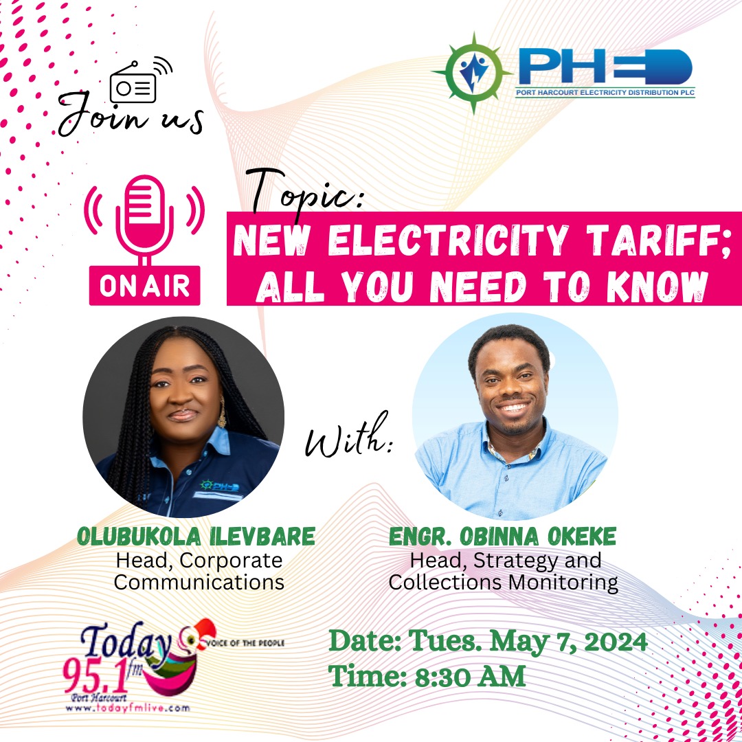 Join us as we discuss  

Topic: New Electricity Tariff; All you need to know on Today 95.1 FM 

Date: Tuesday, May 7, 2024
Time:  8:30 am

#ElectricityTariff #HeretoServe  #PHED
