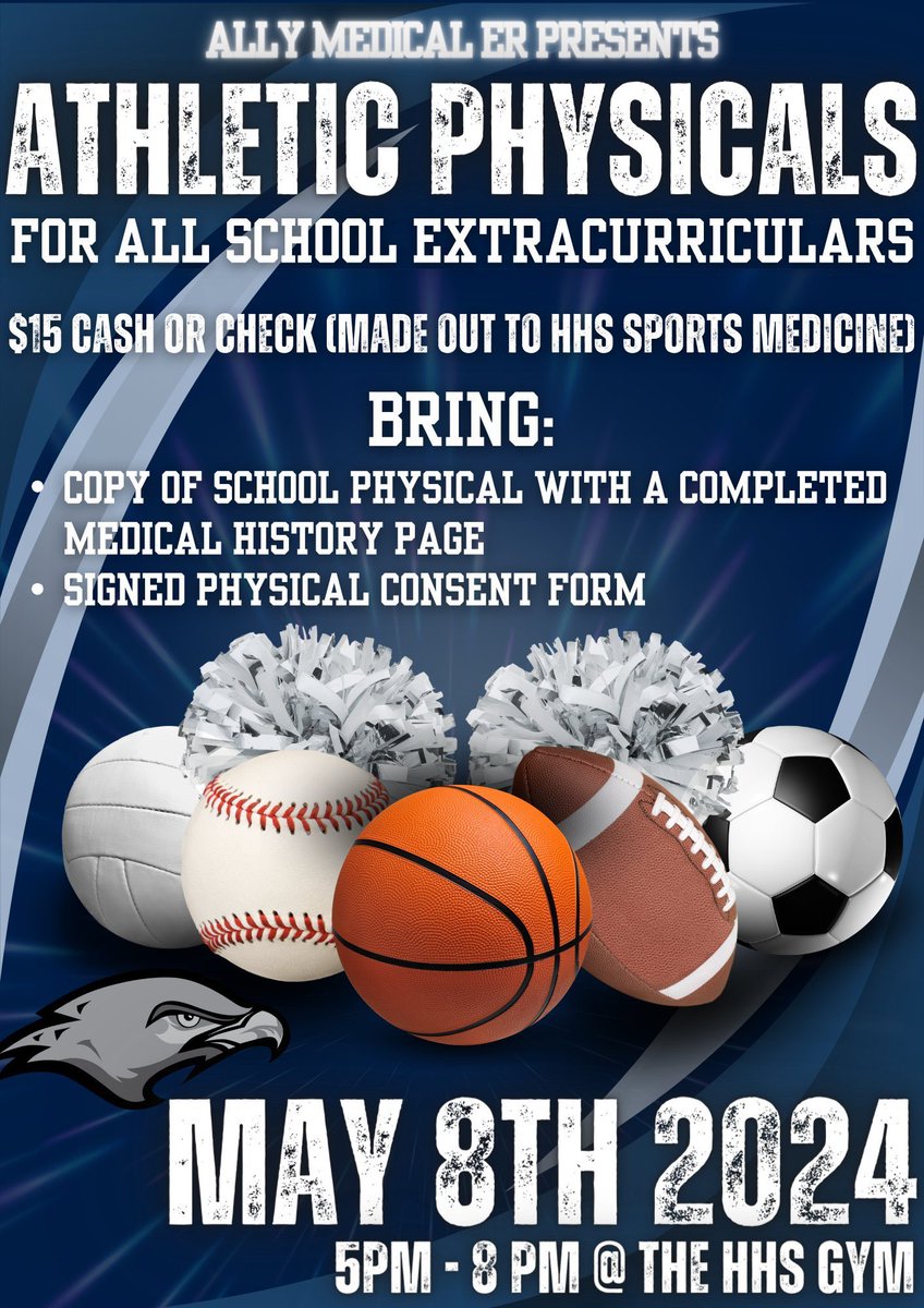 Wednesday!! Come get your physical for next year taken care of! 5pm-8pm HHS Gym. @ClubHendrickson @PfISDAthletics @HendricksonFB @IronHawkPwrLft @HawkTennis1 @HendricksonSwim @HendricksonBB @HendricksonTand @HHSH @Lady_Hawk_Hoops @Hawk_Hoops