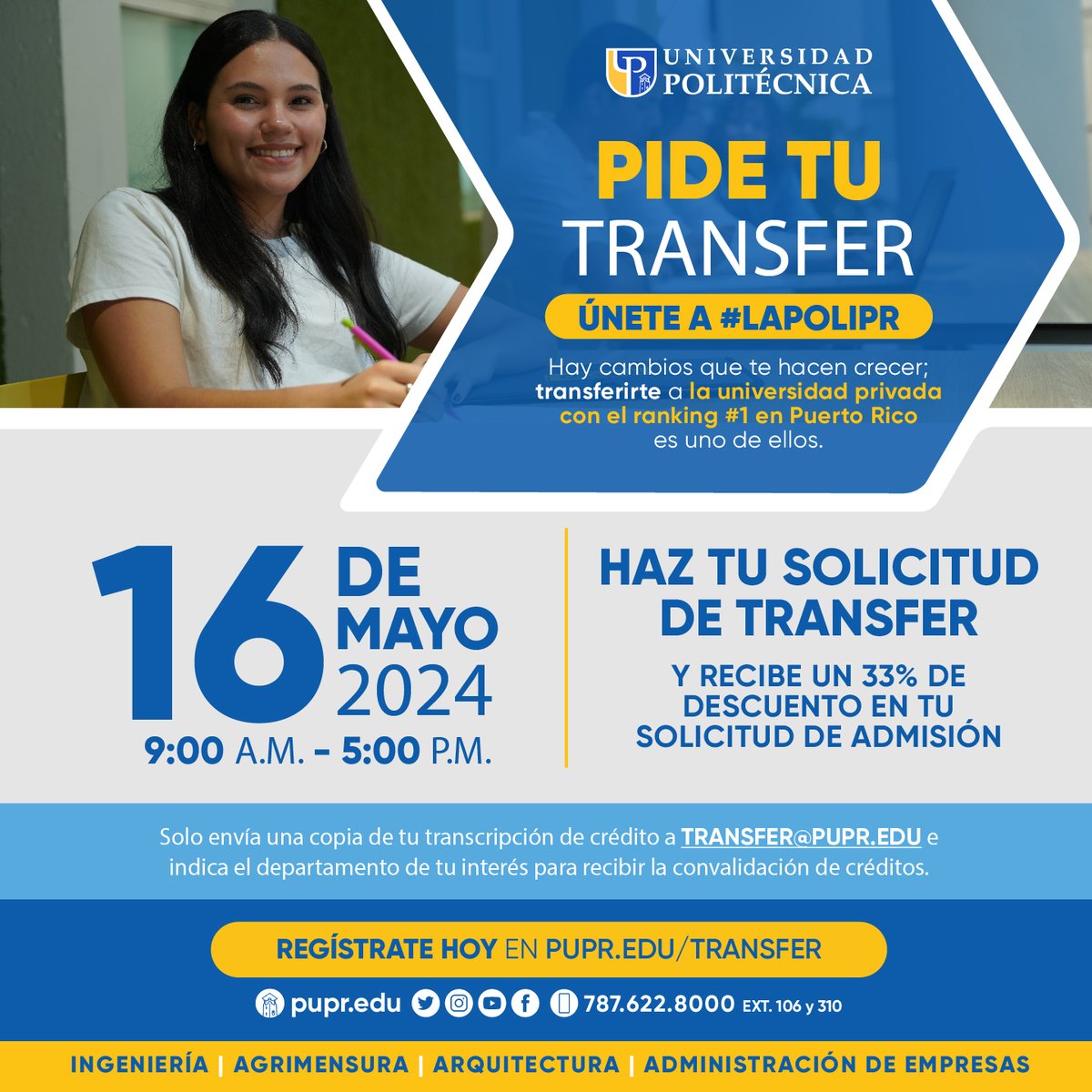 ¡Quedan 10 días! Puedes registrarte en pupr.edu/transfer o llama al 787-622-8000⁣. Envía un email a: transfer@pupr.edu, con tu copia digital de transcripción de créditos o tus notas (calificaciones), el departamento de interés y un número de teléfono para contactarte.⁣