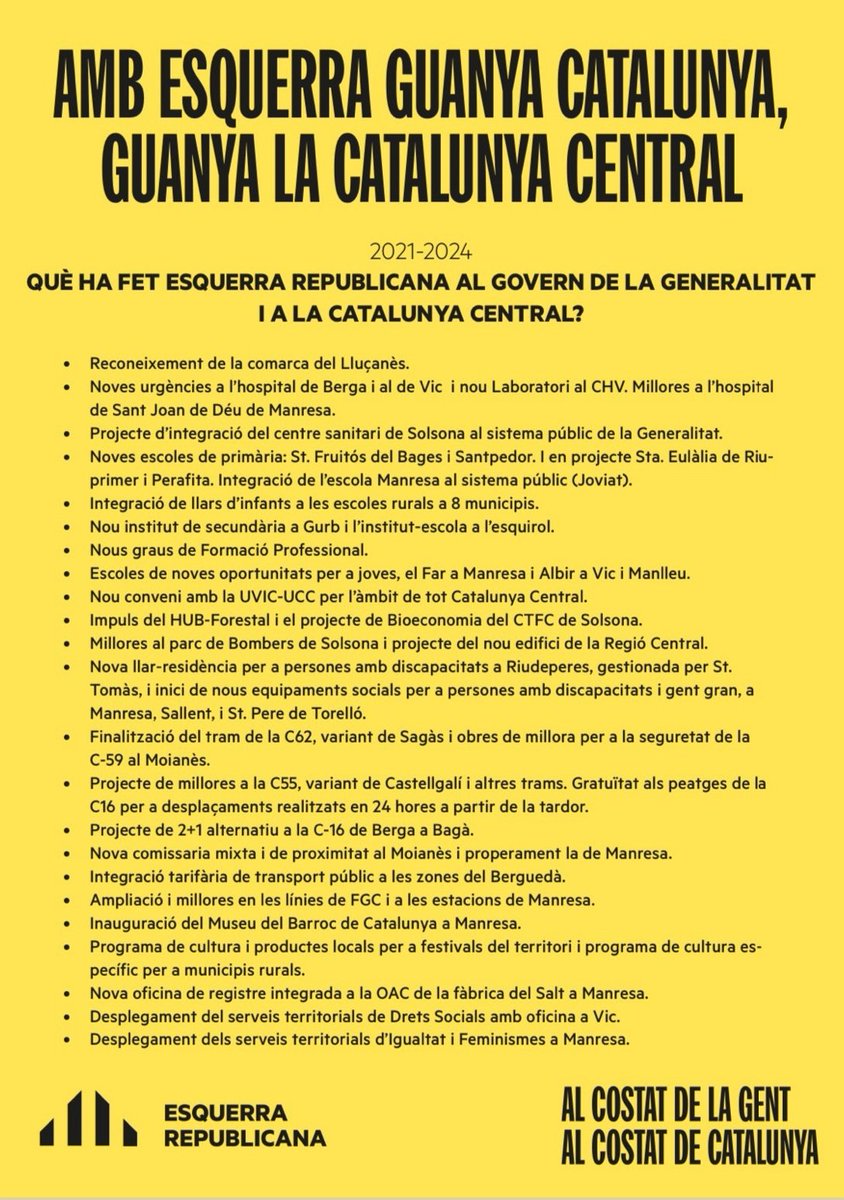 QUÈ HA FET <a href="/Esquerra_ERC/">Esquerra Republicana</a> DES DEL GOVERN DE LA GENERALITAT A LA CATALUNYA CENTRAL I AL SOLSONÈS?

👉Projecte d'integració del C. Sanitari Solsonès a l'ICS
👉Nous graus de FP
👉Impuls HUB-Forestal del CTFC
👉Millores parc de Bombers de Solsona
👉Gratuïtat C-16 i millores a la C-55