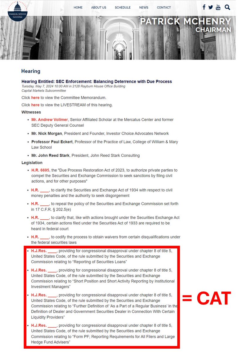🚨HOUSE FINANCIAL SERVICES COMMITTEE CLAIMS THE 'CAT' IS NOT ON THE AGENDA FOR THE  HEARING TOMORROW.  SEE BELOW. #13F2
SEC Rule 13f-2 increases transparency into short selling and amendment to CAT NMS Plan for purposes of short sale data collection.  Disapproval only helps those…