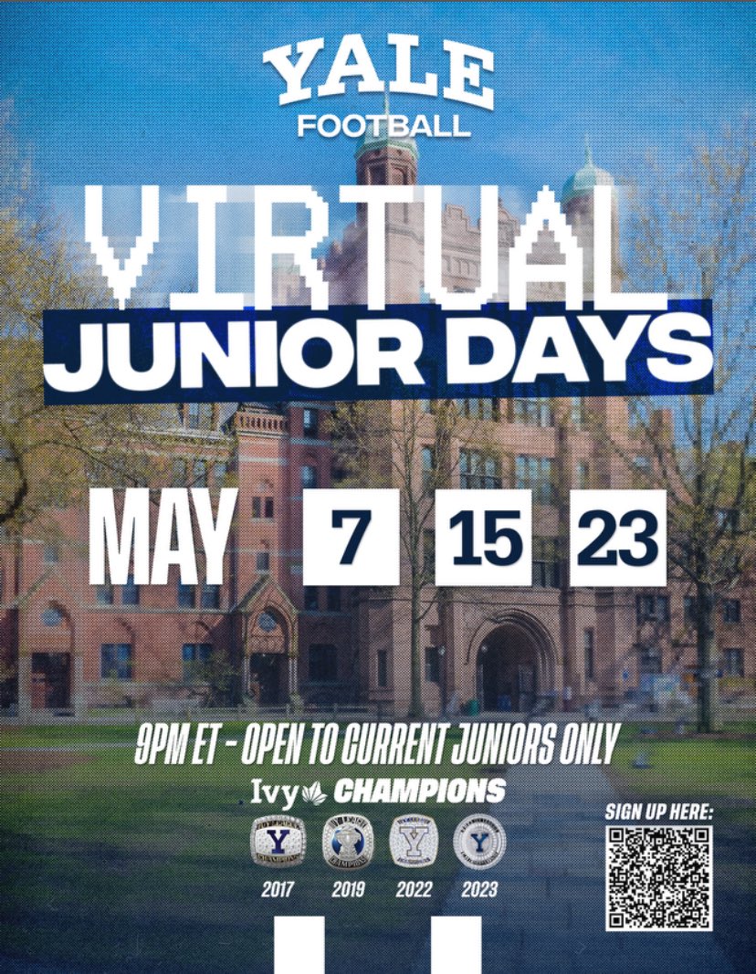 Thank you @yalefootball and @coachbelanger for the Junior Day invite! Can’t wait until the 15th to hear all about Yale football and academics. @Bigmon74 @730scouting @Coach_Phelps11 @coach_smcgowan @CoachJanecek