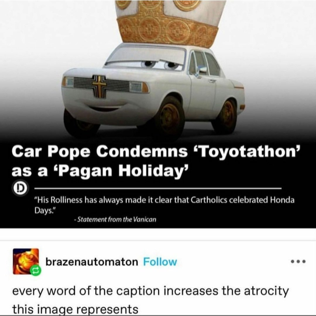 Car Pope is always on some other shit 😤

@Disney
@Pixar

#cars #disney #pixar #animation #cinemaloco #LightningMcQueen #owenwilson #movie #moviereview #movies #film #FilmTwitter #FilmX #meme #memes #comedy #humor #funny #memepage #memesdaily #dailymemes #funnymemes #memeoftheday
