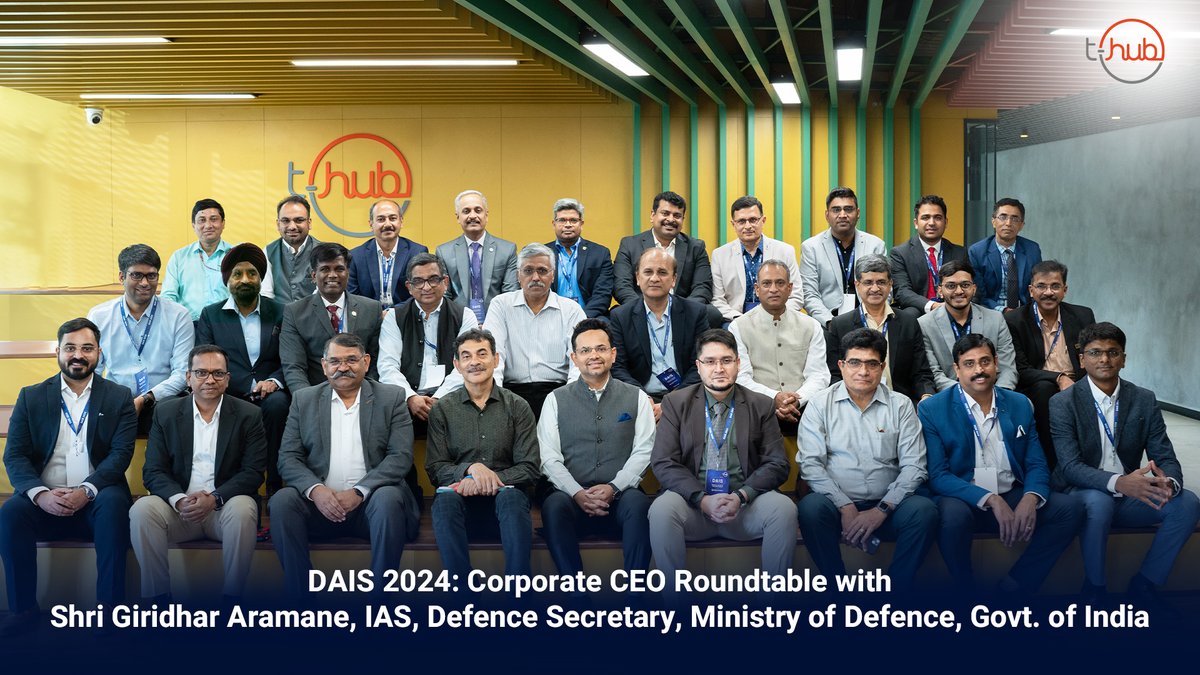 T-Hub hosts the #CEO Roundtable at #DAIS 2024, led by Shri Giridhar Aramane, IAS, Defence Secretary of the Ministry of Defence. 15 #defence & #aerospace CEOs convened at the roundtable, generating impactful action points to boost growth in these sectors. #InnovateWithTHub #THub