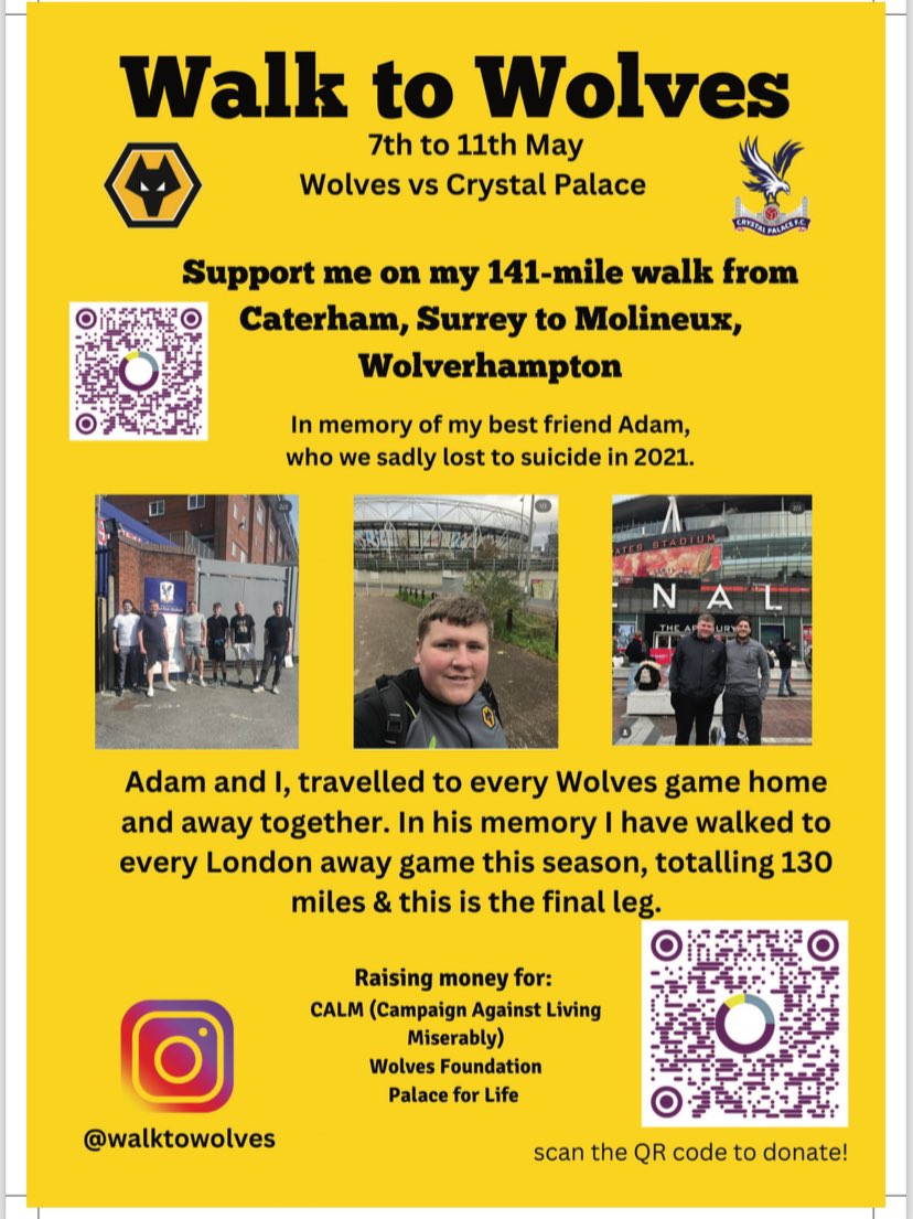 Adrenalin starting to kick in. Tomorrow is the day we get on our way to Wolverhampton. 

@theCALMzone @wwfcfoundation @PalaceForLife 

Donate what you can please for these 3 amazing causes: givewheel.com/fundraising/15…

#WWFC #CPFC
